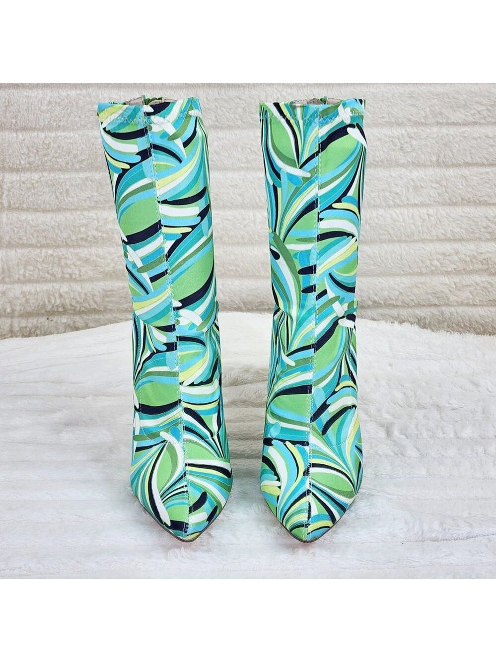 Odin Crazy Wild Color Pattern High Heel Stretch Fabric Ankle Boots - Green Blue - Picture 11 of 15